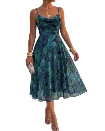 CHICME Women's Floral Mesh Midi Dress for Summer Cocktail-Green-Small