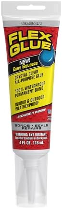 Flex Glue, Super Strong, Transparent, Rubberized Waterproof Adhesive, Works Underwater, Use on Pools, Showers, Outdoors, Concrete, Brick, Pavers, UV Resistant, 4 oz Squeeze Tube, Clear, 1-Pack