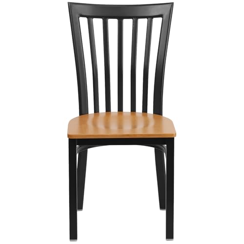 Image of Flash Furniture HERCULES Series Black School House Back Metal Restaurant Chair - Natural Wood Seat