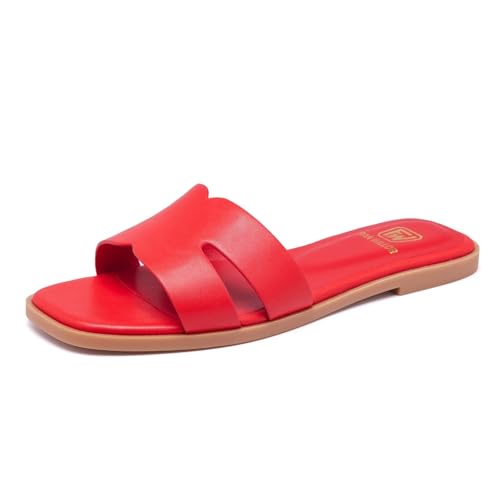 FW FRAN WILLOR Women's Flat Sandals Dressy Comfortable Slide Sandals Fashion Square Open Toe Slip On Beach Sandals for Summer