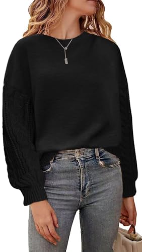 JFAN Jersey Mujer Invierno Suéter Jersey de Punto con Cuello Redondo Sueter Manga Larga Elegante Pullover Mujer Casual Negro M
