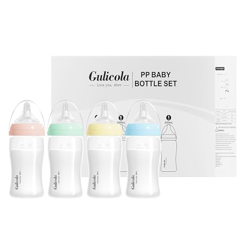 Image of Gulicola Natural Breastfeeding Bottles Wide Neck, Newborn Baby Bottles with Slow Flow Nipples (S), 0 Months +, BPA Free PP, 7 oz & 4 Pack - Mix Color