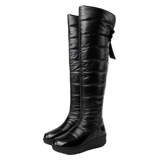 Gikleihwy Over the Knee Snow Boots for Women Black Waterproof Thigh High Wide Calf Fabric Ankle boots Fur Lined Winter Warm Hidden Wedges Platform Shoe(7.5 US)