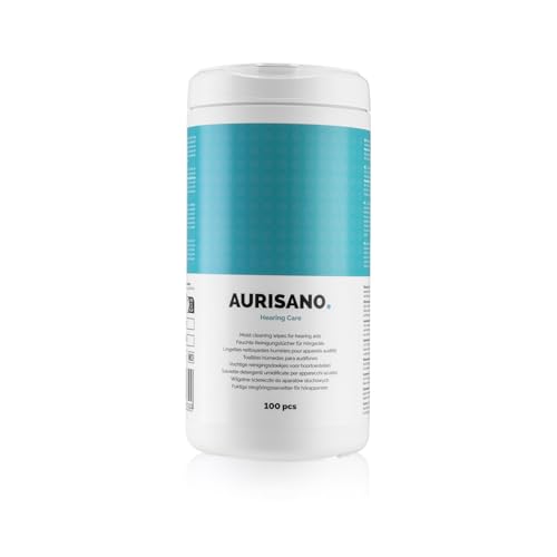 AURISANO Hörgeräte Reinigungstücher 100 Stk - Spenderbox mit Reinigungstücher Hörgeräte - Entfernt Ohrenschmalz und Verschmutzungen - 100% Biologisch Abbaubare Feuchttücher - Zertifiziert und Sicher