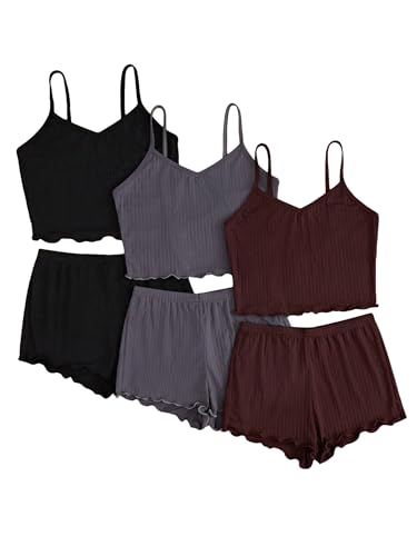 GORGLITTER Women's 6 Piece Pajama Set Frill Trim Cami Crop Top with Elastic Waist Shorts
