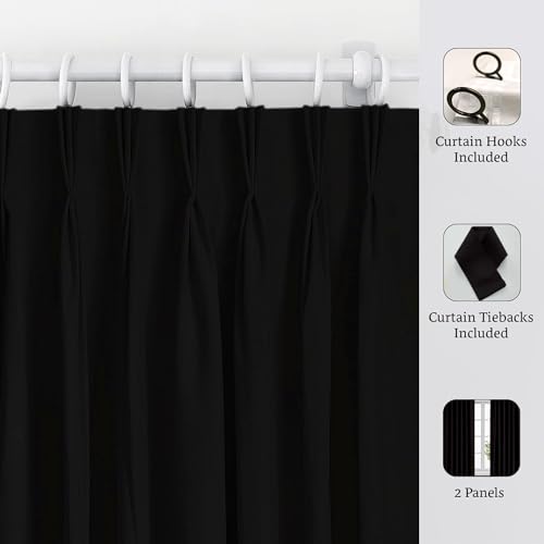Image of Triple Pinch Pleated Blackout Curtains Thermal Insulated Room Darkening Curtains for Bedroom /Livingroom Pack of 2 Panels, Tiebacks, Hooks (Black)