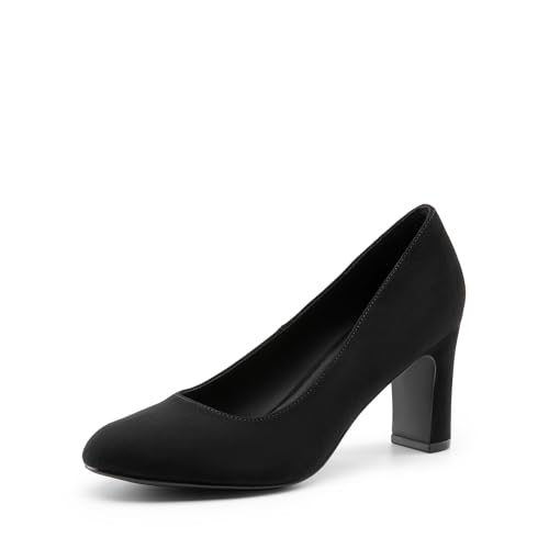 DREAM PAIRS Women's Block Heels Closed Toe High Chunky Rounded Toe Pumps Comfortable Slip On Work Shoes,Size 8.5,Black-Suede,DWUMPU2515