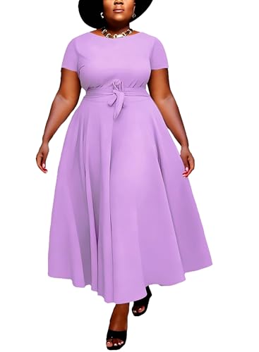 Image of Hostoyo Women Plus Size Formal A Line Maxi Dress Self Tie Waist with Pockets Elegant Round Neck Swing Long Dresses