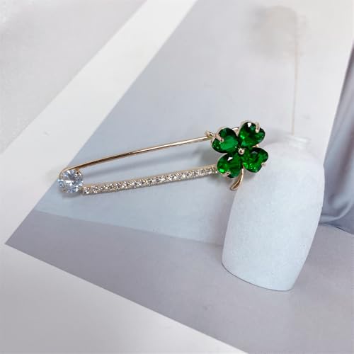 Image of Dainty Clover CZ Brooch Safety Pins Clip Scarf Sweater Shawl Waist Pants Luxury Sparkly Rhinestones Brooches for Collar Dress Skirt Suit Fashion Jewelry for Shamrock Party Birthday 2.2in