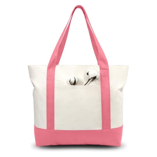 TOPDesign 1-Pack Canvas Tote Bag with an External Pocket, Reusable Grocery Shopping Bag, Top Zipper Closure, Daily Essentials (Rose Pink/Natural)