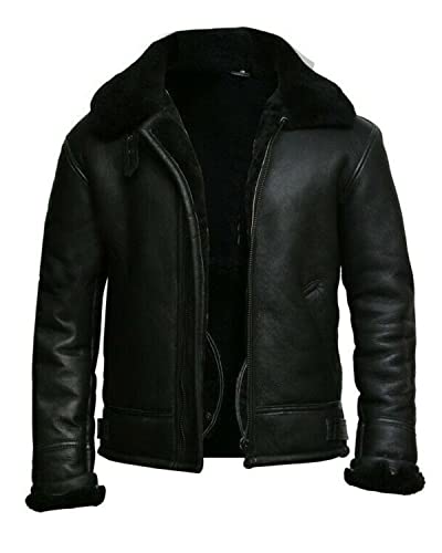 Men's B3 Aviator Raf Fight Pilot Real Fur Shearling Removeable Hood Belted Bomber Sheepskin Leather Jacket