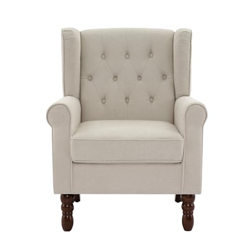 UIXE-High-Back-Accent-Chair-Upholstered-Armchair-in-Fabric-Retro-Wingback-Arm-Chair-for-Living-Room-Comfy-Single-Sofa-Bedroom-Reading-Seat-with-Solid-Wood-Legs-Beige UIXE High Back Accent Chair Upholstered Armchair in Fabric Retro Wingback Arm Chair for Living Room Comfy Single Sofa Bedroom Reading Seat with Solid Wood Legs Beige