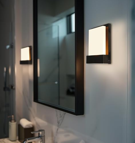 Image of Kira Home Everett 7 inch Modern 8W Integrated LED (40W eq.) Bathroom /Wall Light, Rectangular Acrylic Lens, Energy Efficient, Eco-Friendly, 3000k Warm White Light, Black Finish