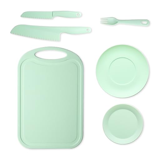 Coltello Bambini, Set di 6 Set Coltelli Da Cucina, Coltello Bambini Montessori, per Tagliare e Cucinare Verdura Frutta, con Tagliere Da Cucina, Forchette Bambini