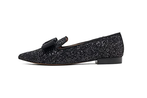Image of MELROSE | Womens Vegan Friendly Glitter And Grosgrain Bow Smoking Slipper Flat