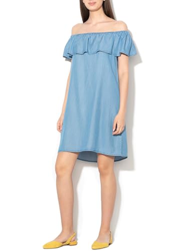 Image of Women's Blue Jean Dress Off Shoulder Ruffle Short Sleeve Loose Denim Mini Dress with Pocket