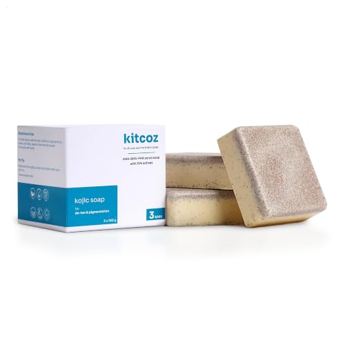 Image of Kitcoz Detan Kojic Acid 2% Soap for Dark Spots, with Glutathione, 3x100g | Handmade Scrub Soap with 15% Actives to Fight Tan and Pigmentation