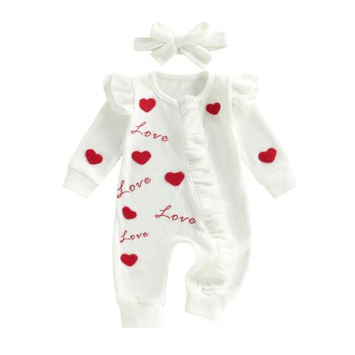 ZIXILOVGIR My First Valentines Day Baby Girl Outfit Newborn Onesie Love Heart Embroidery 1st Valentines Romper Cute Clothes (Valentines Love-White 0-3 Months)