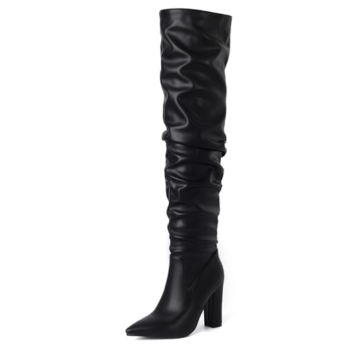 Roimaash Black Slouch Ruched Boots Knee High for Women Wide Calf Thigh High Boots