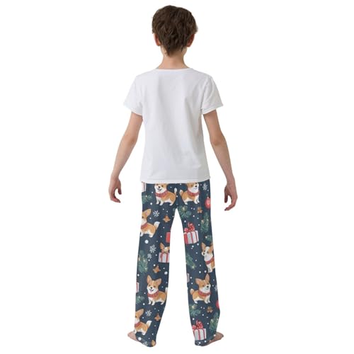 Corgi Dog Pine Branch Boys Long Pants Soft Trousers Elastic Waist Kids Lounge Bottoms with Pockets S-XL3