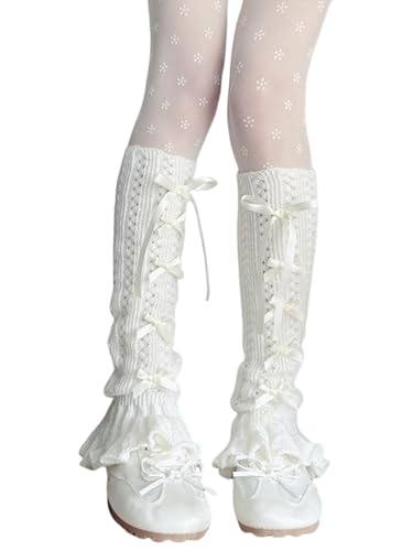 Leoparts Women's Knitted Leg Warmers Bow Flared Ruffle Trim Knee High Leg Sleeve Socks Lace-up Leg Cover for Teen Girls