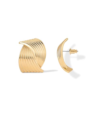 Image of PAVOI 14K Gold Plated Chunky Vintage Earrings for Women - Trendy Textured Ribbed Knot Geometric Triangle Rope Button Seashell Wing Dangle Drop Stud Earring