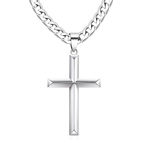 925 Sterling Silver Cross Necklace for Men Women with Stainless Steel Durable Cuban Link Chain Polished Beveled Edge Cross Chain Pendant Necklace Jewelry 16-28 Inches