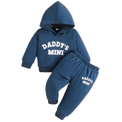 LUVCES Ropa Bebés Niño Estampado Letras Manga Larga Sudadera con Capucha Tops + Elástica Cintura Pantalones 2 Piezas Conjunto de Trajes Set Daddy's Mini Azul 9-12 Meses