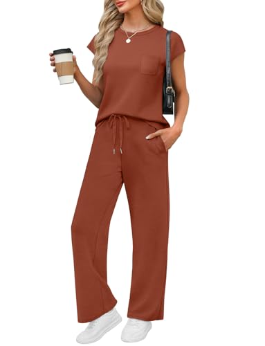 Image of WIHOLL 2 Piece Sets for Women Casual Summer Travel Vacation Outfits Cap Sleeve Lounge Set
