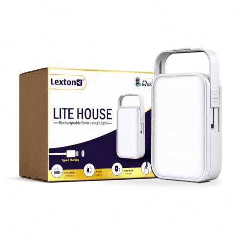 Image of Lexton LiteHouse Rechargeable Emergency Light | 12W Bright LED | 4000mAh Li-Ion Battery | Up to 10 Hours Backup | 3 Light Modes | Type-C Charging + Power Bank | for Home, Office, Camping & Travel