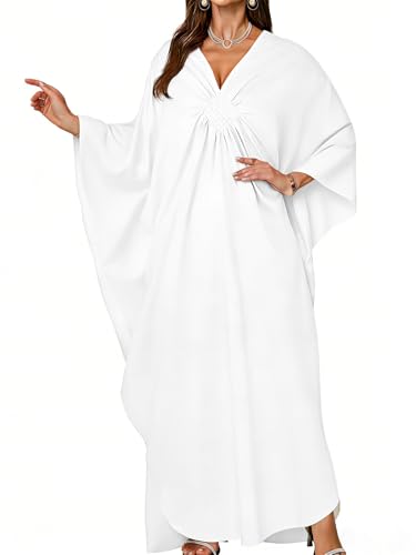 Gosunny Damen Langes Kaftan V Ausschnitt Sommerkleid Sommer Strand Cover Up Boho Maxikleid Loungewear(Weiß)