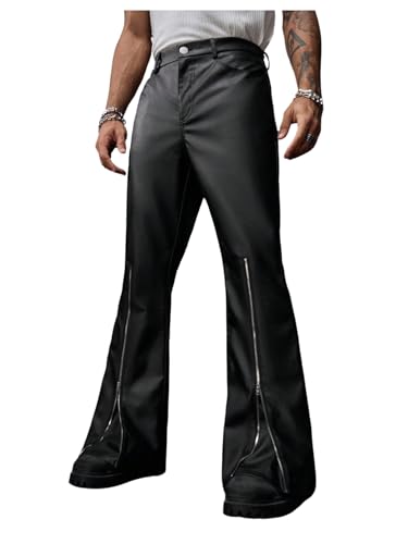 Men's PU Leather Pants Y2K Flare Leg Baggy Pants Half Zip Decor Party Rave Trousers Clubwear