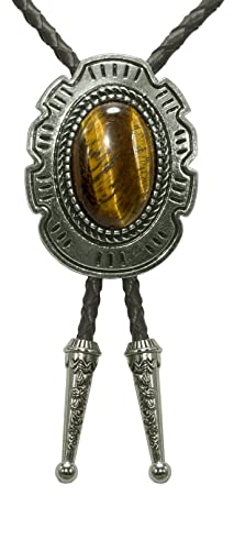 Image of Moranse Bolo Tie with Natural Tiger Eye Stone Celtic Style Genuine and Cowhide Rope