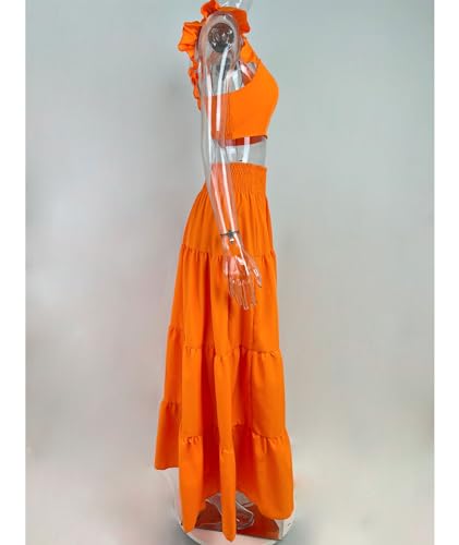 Sexyshine Women's 2 Piece Outfits Ruffle Sleeveless Crop Tank Top Vest and High Waist Tiered Flowy Long Maxi Skirt Set4