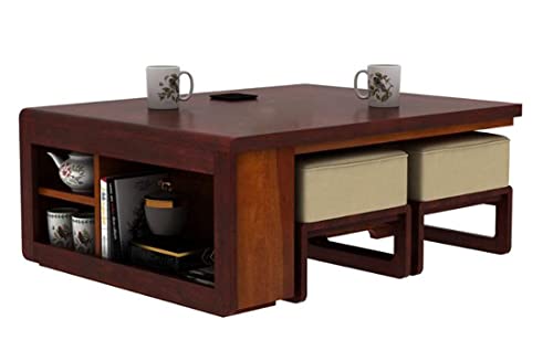 Image of Solid Sheesham Wood Coffee Table with 4 Stool | Rectangle Centre Table with Stool | Center Table with 4 Stools for Living Room | Patio Table with 4 Puffy for Home | Mahogany Brown Finish