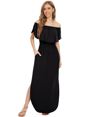 Image of LILBETTER Womens Off The Shoulder Ruffle Party Dresses Side Split Beach Maxi Dress