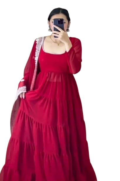 Fashion Basket Georgette Embroidered Anarkali Kurta For Womens (In, Alpha, L, Regular, Red)