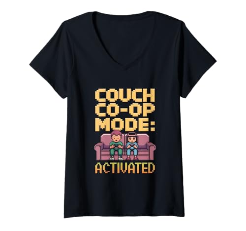 Womens Couch Co-Op Gamer Couple V-Neck T-Shirt