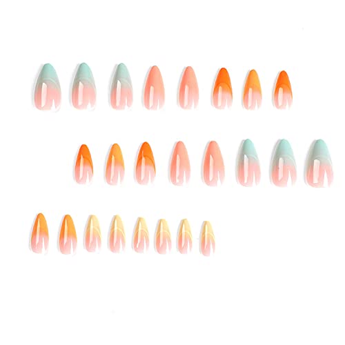 Press On Nails Mediumt Nude Fake Nails Glossy Almond False Nails With Multicolor Design Acrylic Nails For Women And Girls 24Pcs #TOP4