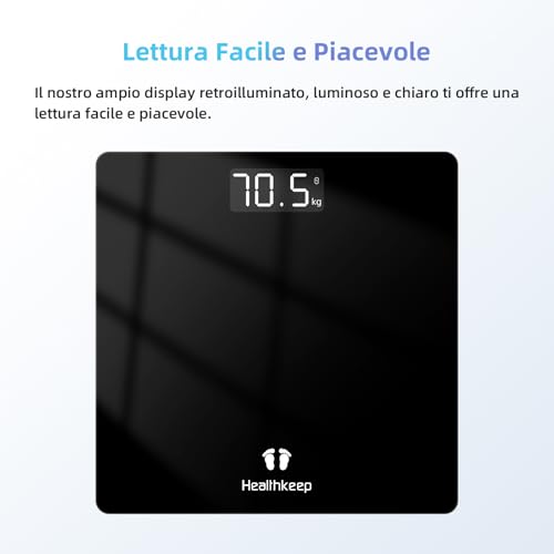 Healthkeep Bilancia Pesapersone Digitale 180 kg, Alta Precisione 0,1 kg, Display LED Retroilluminato,Vetro Temperato 5 mm, Design Ultrasottile, Batterie Incluse - Immagine 2