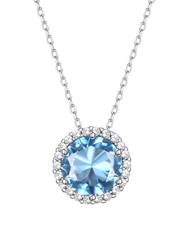 Bestyle 925 Sterling Silver Love Round Cubic Zirconia Necklaces March Aquamarine Birthstone Crystal...