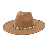 Classic Wide Brim Fedora for Women Men Fashion Felt Panama Hat Wide Brim Floppy Hat with Belt Buckle Athletic Brown