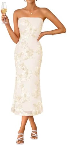 ZESICA Women's Summer Strapless Floral Midi Dress 2026 Bodycon Me...