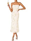 ZESICA Women's Summer Strapless Floral Midi Dress 2026 Bodycon Mesh Tube Wedding Guest Cocktail Party Formal Dresses Apricot Small
