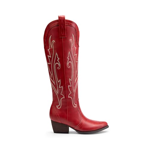 DREAM PAIRS Womens Cowboy Knee High Boots Comfortable Pull On Side Zipper Chunky Heel Embroidered Western Cowgirl Boots Retro Tall Boot,Size 8,Red,DWUMKB2501