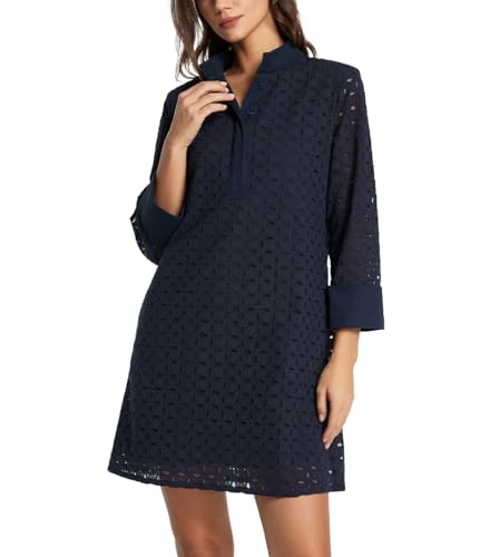 D-Sun Women's Long Sleeve Mini Dress Hollow Out Eyelet Stand Collar V Neck A Line Shift Short Dresses