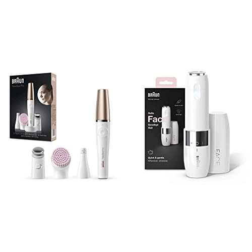 Braun FaceSpa Pro Beauty Set mit Gesichtsepilierer, Gesichtsreinigungsbürste, Aufsatz, Halter und Tasche, SE912, weiß/bronze & Face Mini-Haarentferner, für Damen, FS1000, weiß