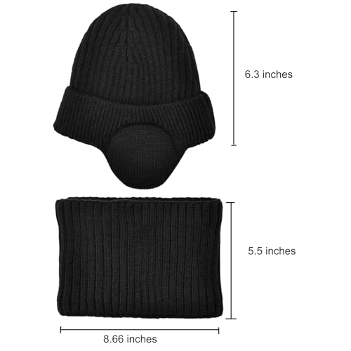 Unisex Kids Earflap Beanie and Scarf Set 2pcs Winter Warm Knit Fleece Lined Skull Cap Neck Warmer for Boys Girls 2-8y4