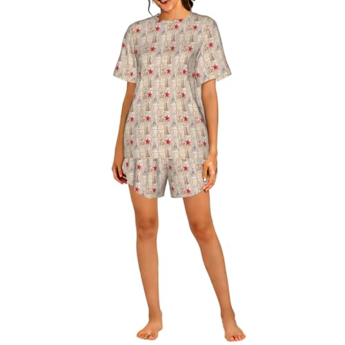 Pyjama court femme motif plage et coquillage en tissu respirant pour la nuit