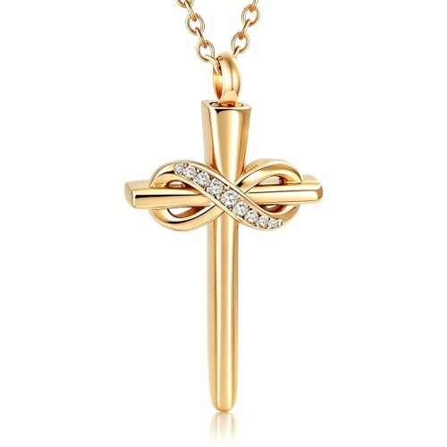 Loybora Stainless Steel Cross Cremation Necklace for Ashes - Crystal Infinity Cross Pendant Urn Jewelry for Men & Women, Memorial Keepsake Gift (Gold)